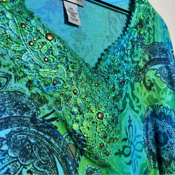 Catherines Women Top 2X Blue Green Sequins V-Neck Embroidered Share Bite Paisley - Picture 5 of 9